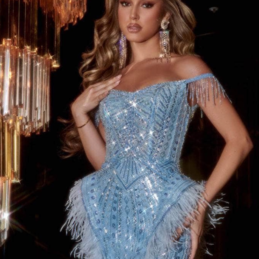 Portia and Scarlett Light Blue Beaded Off-Shoulder Prom Dress